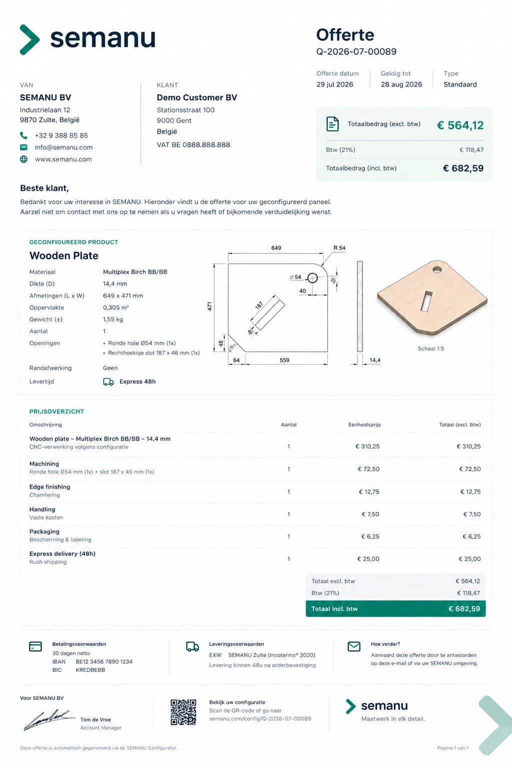Voorbeeld van een prijsofferte als PDF uit de configurator