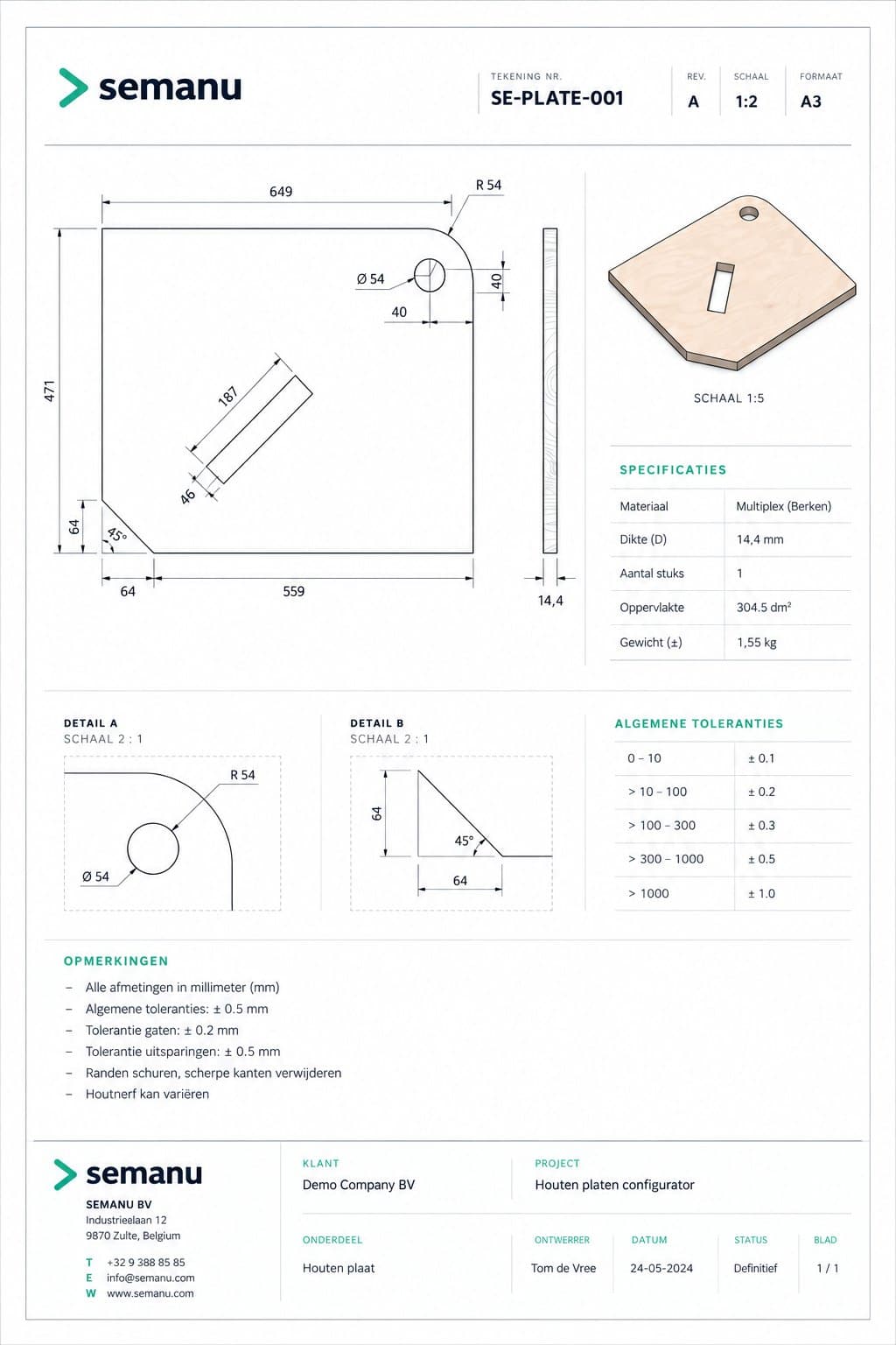 Voorbeeld van een technische tekening als PDF uit de configurator
